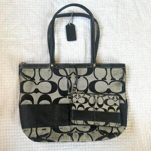 Coach Vintage Black Signature Stripe Shoulder Bag and Wristlet Wallet Bundle